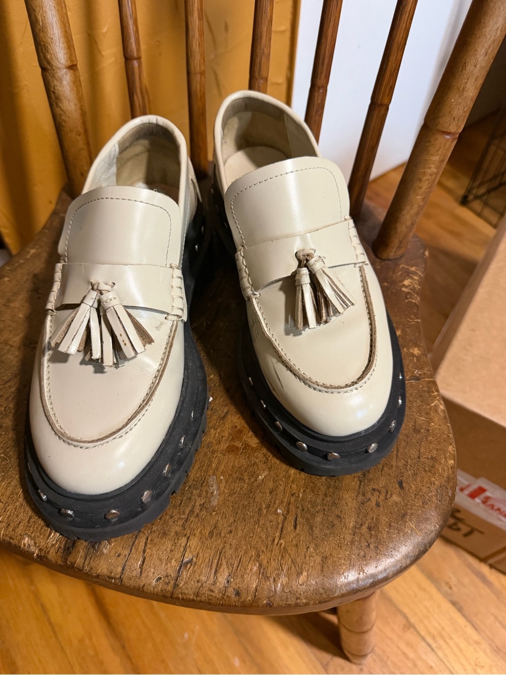 Free People Cream Tassel Loafers with Black Studded Soles